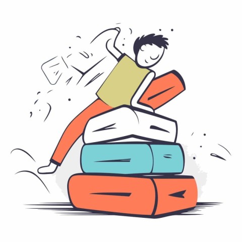 Man lying on stack of books in cartoon style.