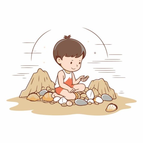 Cute little boy playing with stones on the beach.