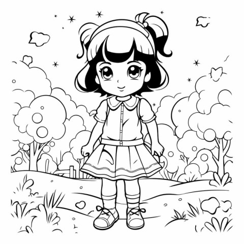 Cute little girl in the park for coloring book