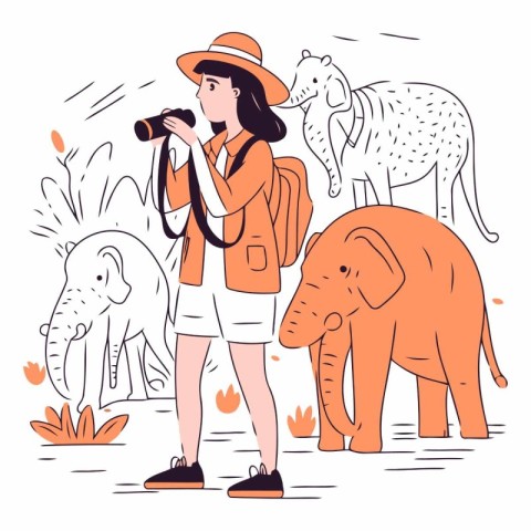 Tourist girl with binoculars and elephant.