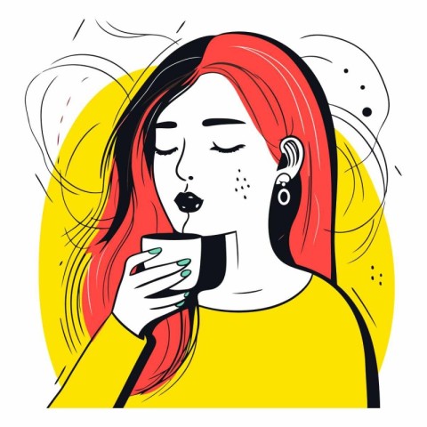 Beautiful woman drinking coffee in doodle style.