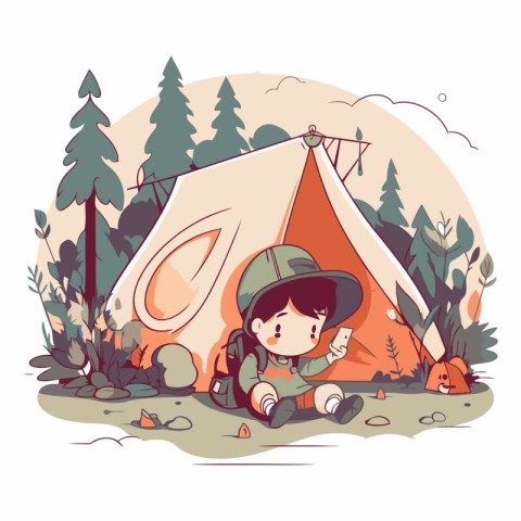 Cute little boy sitting near his tent in the forest