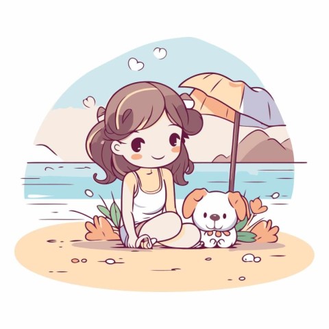 Cute little girl and her dog on the beach.