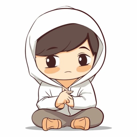 cute little boy in a white hooded sweatshirt sitting and praying