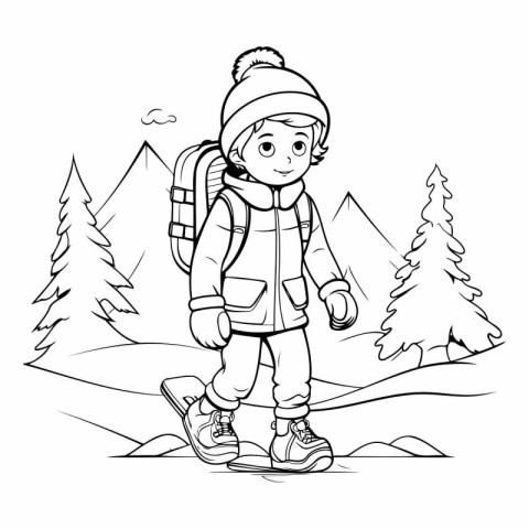 Coloring Page Outline Of a little boy hiking in the mountains