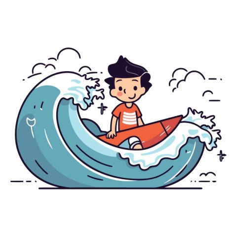 Little boy surfing on a big wave in cartoon style