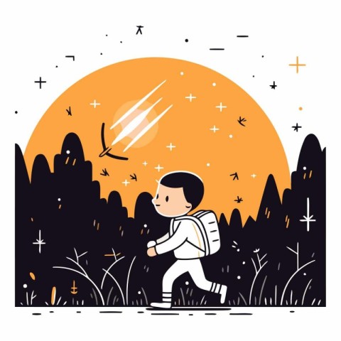 Vector illustration of a little boy flying in the night sky. Fla