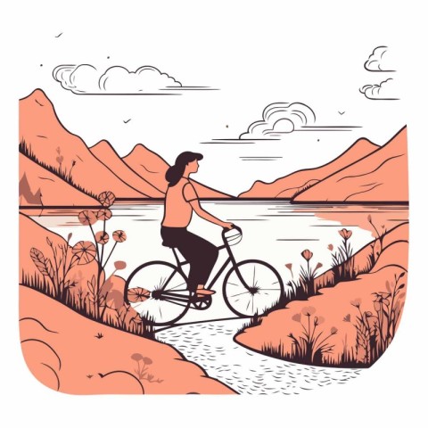 Vector illustration of a woman riding a bicycle along the shore