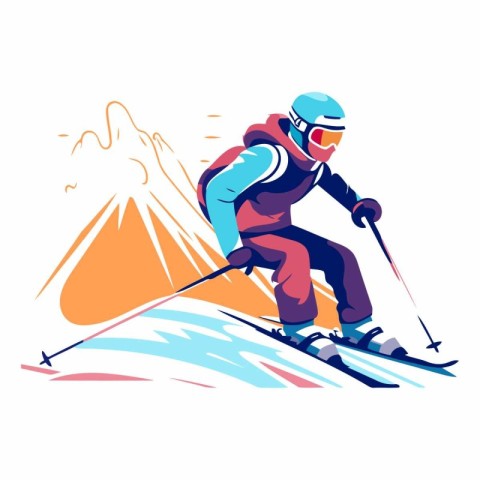 Vector illustration of skier in helmet and goggles skiing downhi