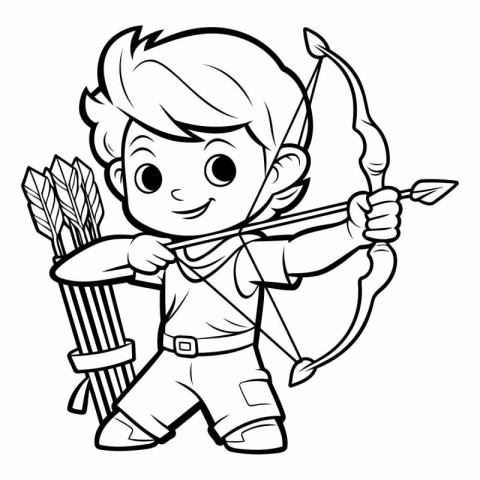 Cupid Boy with Bow and Arrow - Black and White Cartoon Illustrat