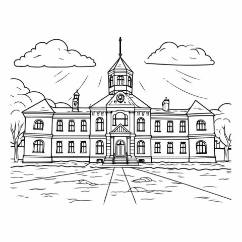 Hand drawn vector illustration or drawing of a school building i