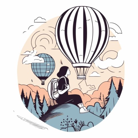 Vector illustration of a girl on the background of a hot air bal