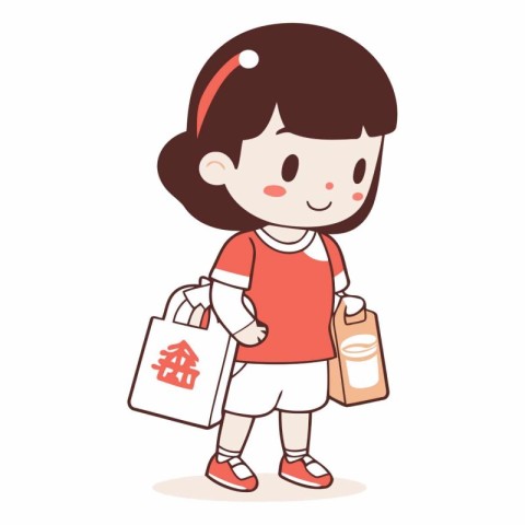 Cute little girl holding shopping bags in cartoon style.