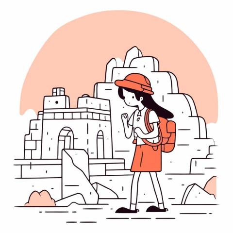 Traveler girl with backpack and hat in ancient city