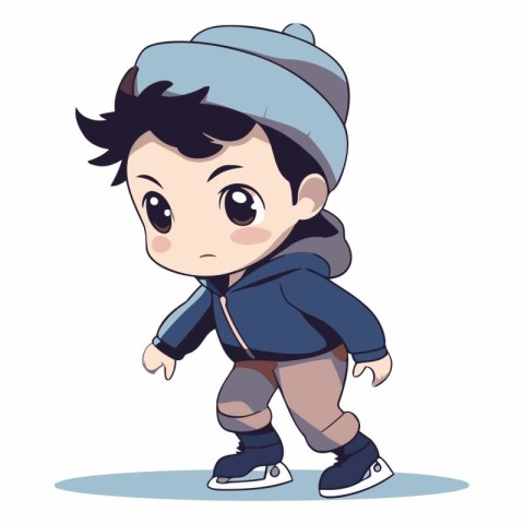 Cute little boy skating on ice in cartoon style.