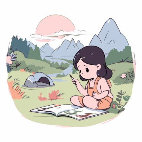 girl reading a book in the meadow in cartoon style