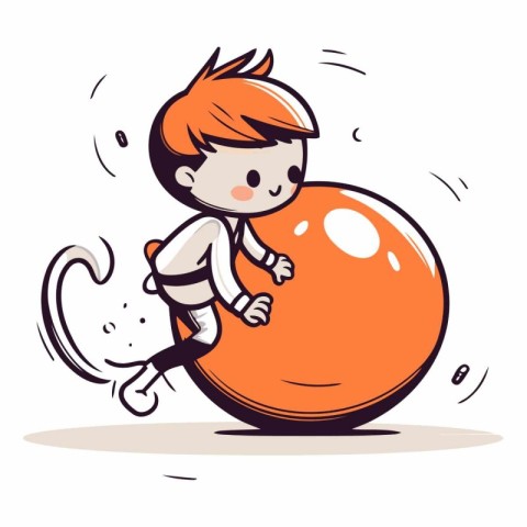 Cute little boy running around the big orange ball.