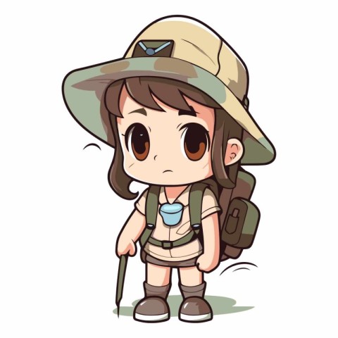 Cute cartoon explorer girl with backpack and hat.