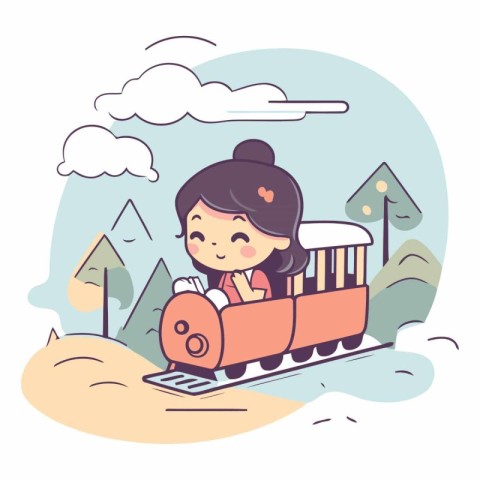 Cute little girl riding a train in the park.