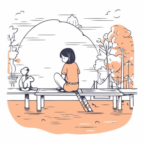 Girl sitting on bench in the park. Vector hand drawn illustratio