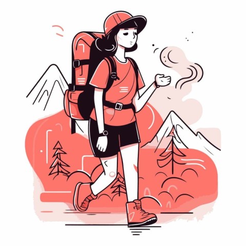 Vector illustration of a girl with a backpack and coffee on the