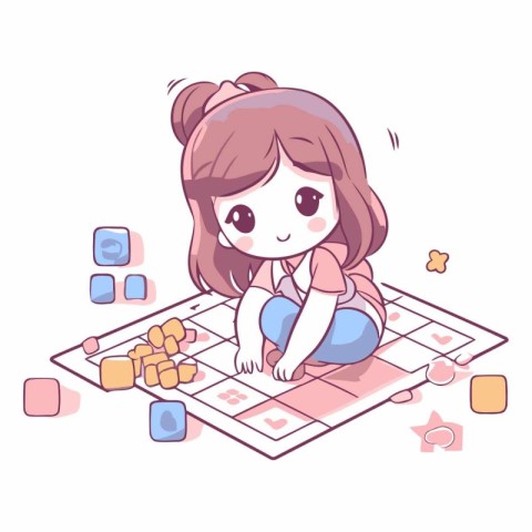 Vector illustration of a cute little girl playing game on tablet