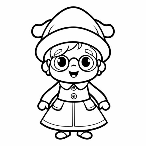 Black and White Cartoon Illustration of Cute Little Girl in Wint