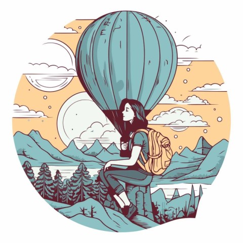 Woman with backpack and hot air balloon in the mountains vector