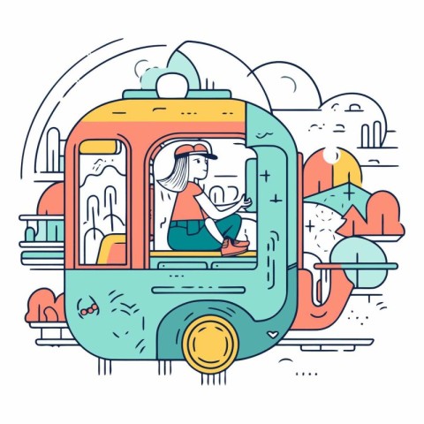 Vector line art illustration of train driver sitting on the plat