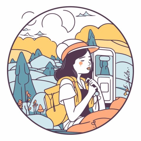 Vector illustration of a girl tourist with a backpack in the mou