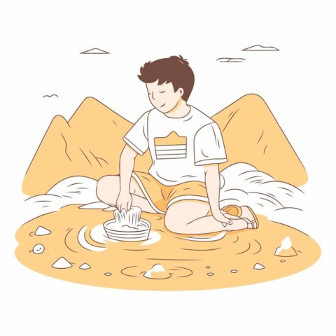 Young man in the desert playing with sand. Vector cartoon illust