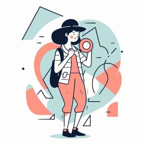 Vector illustration of a girl in a hat with a backpack and a map