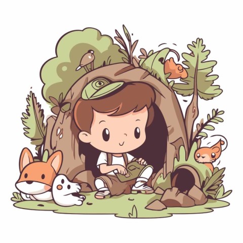 Cute little boy in the jungle in cartoon style.