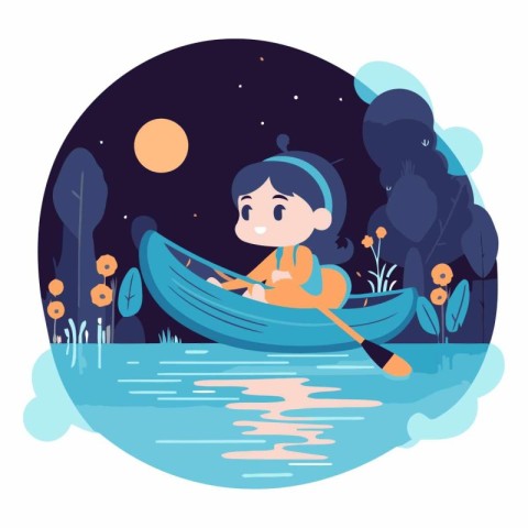 Cute little girl in a canoe on the river at night