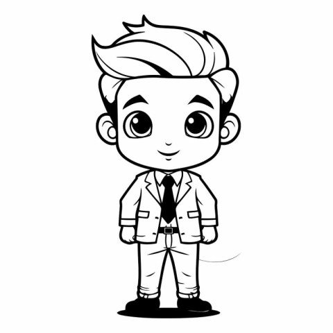 Black and White Cartoon Illustration of Cute Little Boy Characte