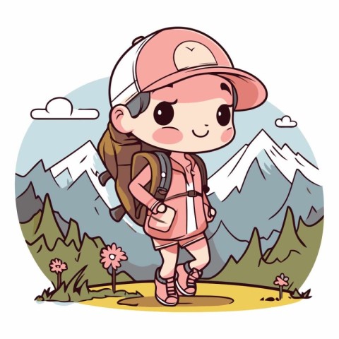 Cute little girl with backpack hiking in mountains.