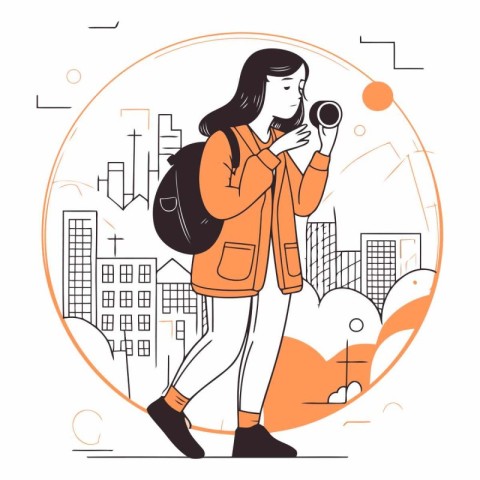 Vector illustration of a young woman with a camera on the backgr