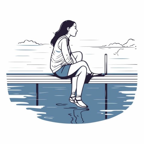 Girl sitting on a pier and looking at the sea