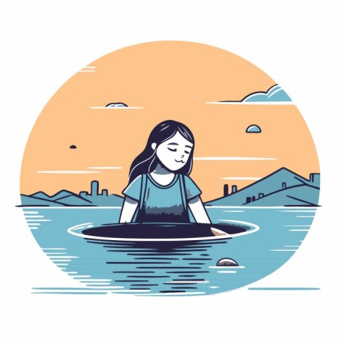 Girl in a boat on the lake in flat style.