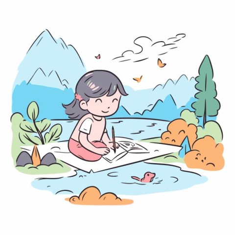 Vector illustration of a little girl reading a book on the lake.