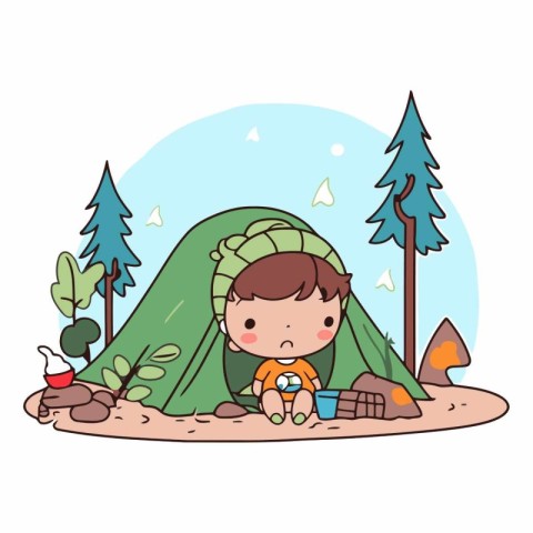 Cute little boy camping in the forest. Vector cartoon illustrati