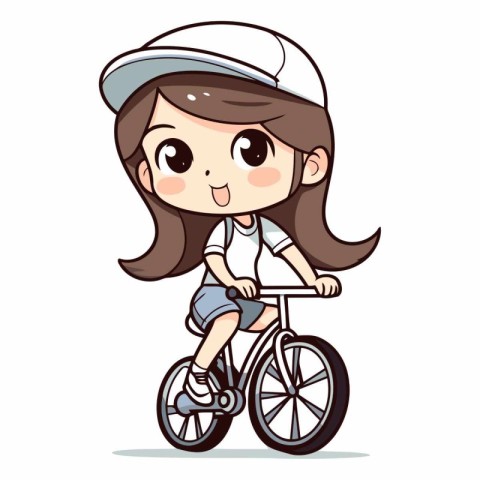 Cute girl riding a bicycle in cartoon style.