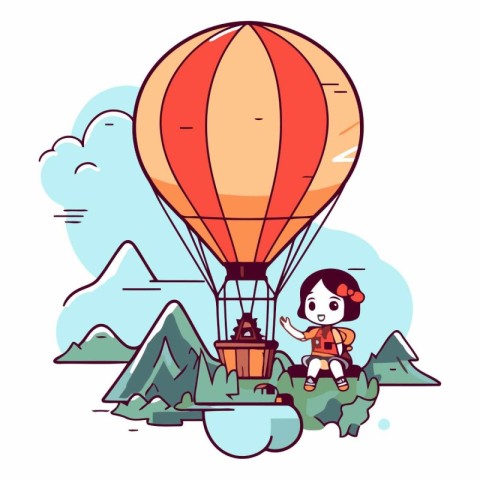 Cute little girl flying on hot air balloon.