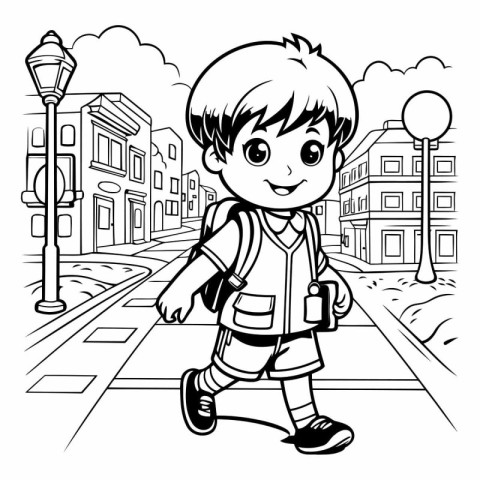 Boy with backpack on the street for coloring book.