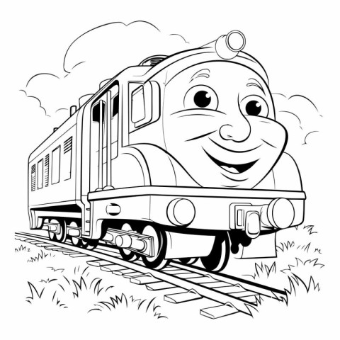 Cartoon train with smiling face for coloring book.