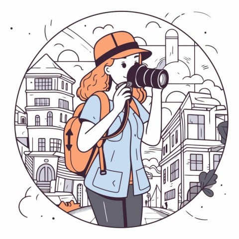 Vector illustration of a girl tourist with a camera in the city.