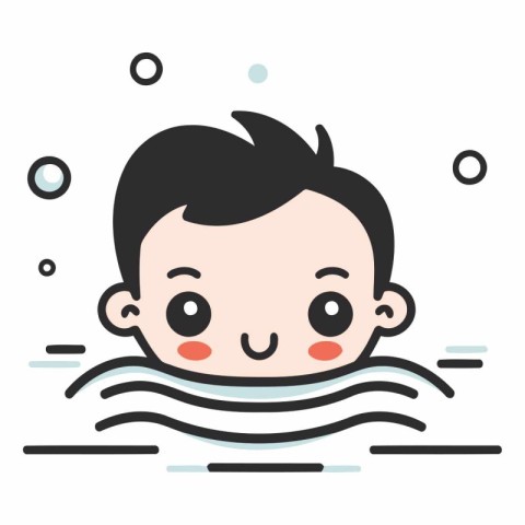 Cute little boy in swimming pool in cartoon style.