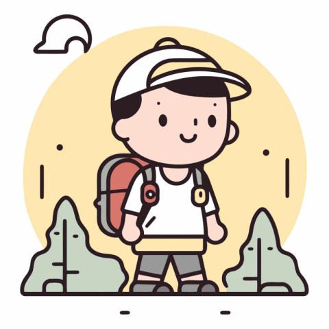 Boy with backpack and cap hiking vector illustration. Flat style