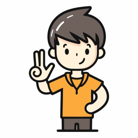 Boy showing victory sign. hand drawn vector illustration in cart