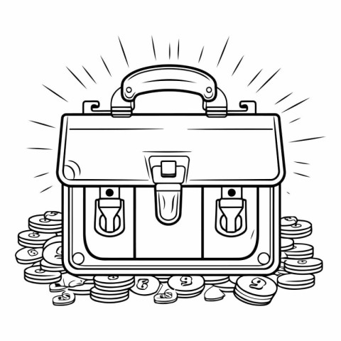 Business briefcase with coins in black and white.